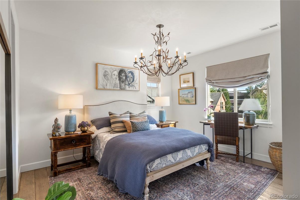 Bedroom, Chandelier, Interior, Wood Texture Flooring
