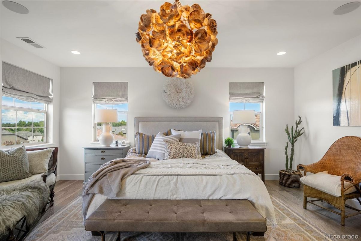 Bedroom, Chandelier, Interior, Recessed Lighting, Wood Texture Flooring