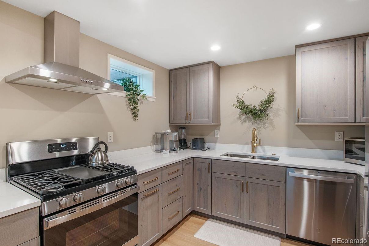 Interior, Kitchen, Recessed Lighting, Stainless Steel Appliances, Wood Texture Flooring
