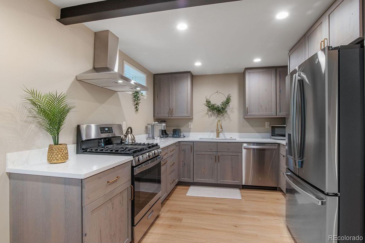 Interior, Kitchen, Recessed Lighting, Stainless Steel Appliances, Wooden Beams, Wood Texture Flooring
