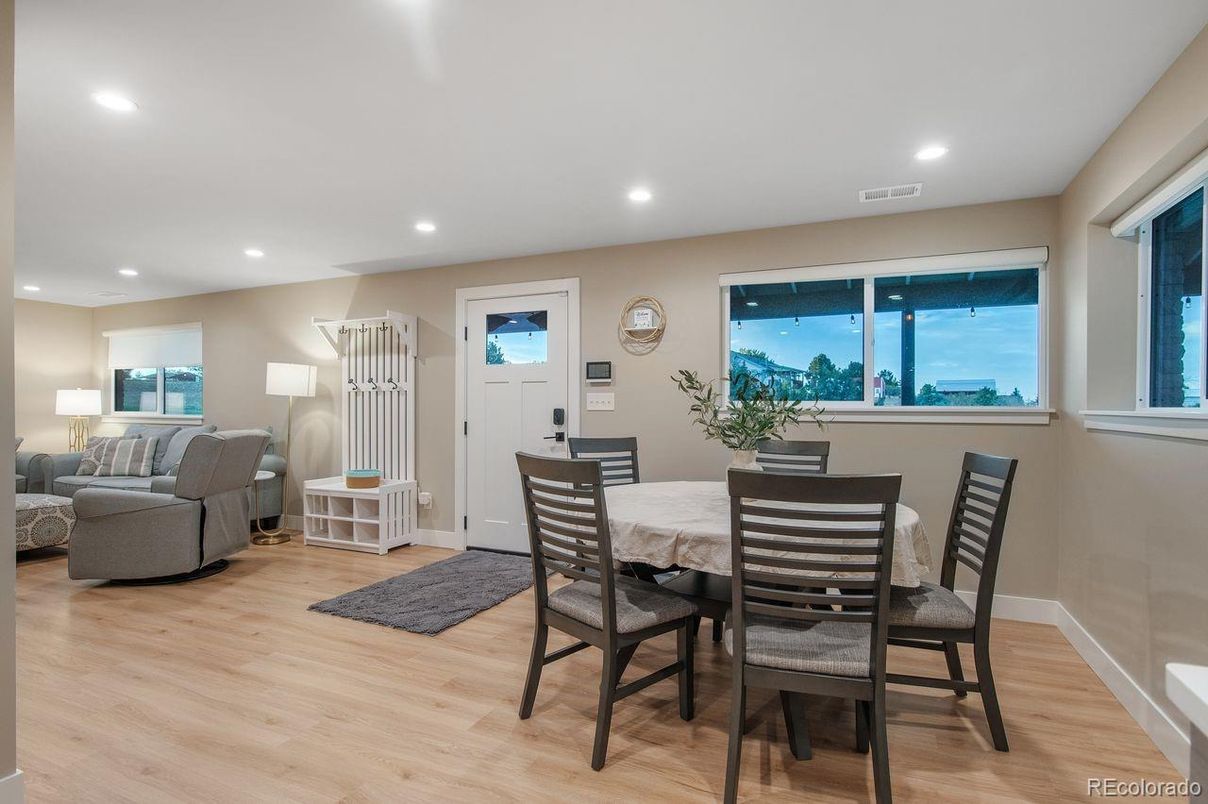 Dining room, Interior, Living room, Recessed Lighting, Wood Texture Flooring