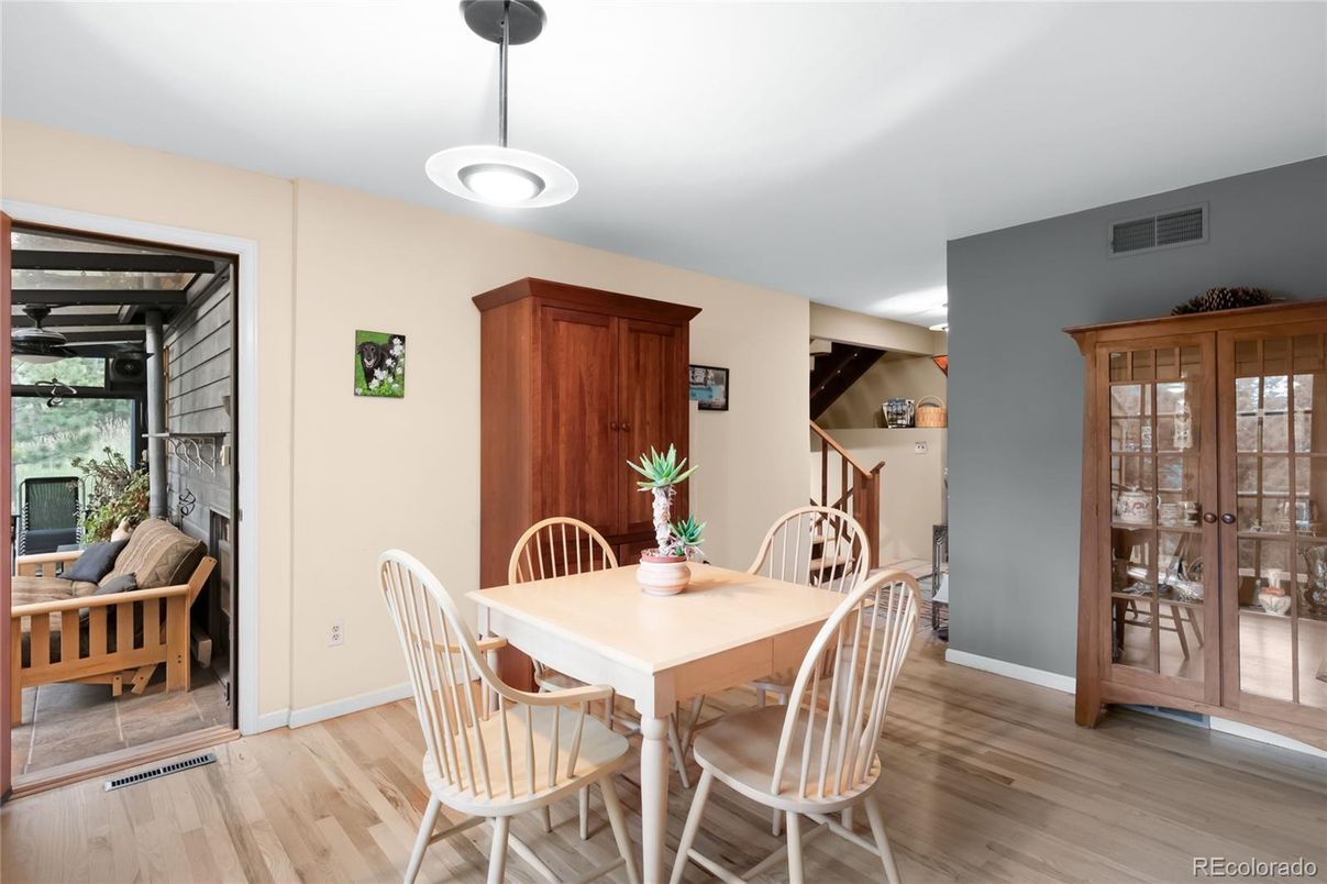 Dining room, Interior, Pendant Lights, Wood Texture Flooring