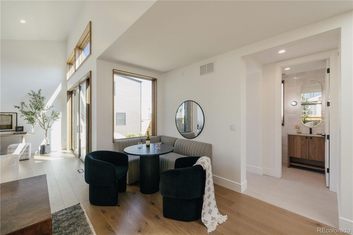 Dining room, Interior, Recessed Lighting, Wood Texture Flooring