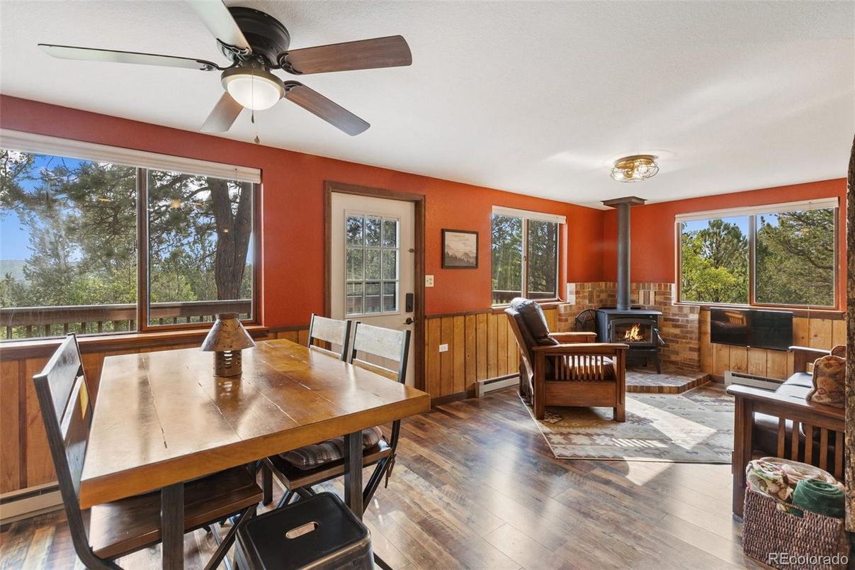 Dining room, Fireplace, Interior, Living room, Wood Texture Flooring