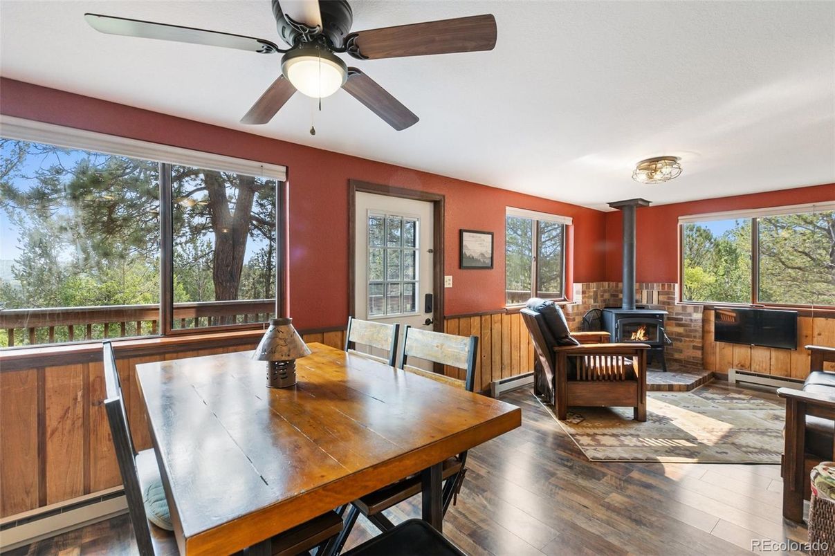 Dining room, Fireplace, Interior, Living room, Wood Texture Flooring