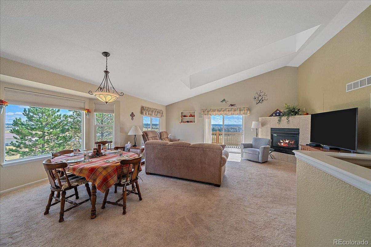 Dining room, Fireplace, Interior, Living room, Pendant Lights