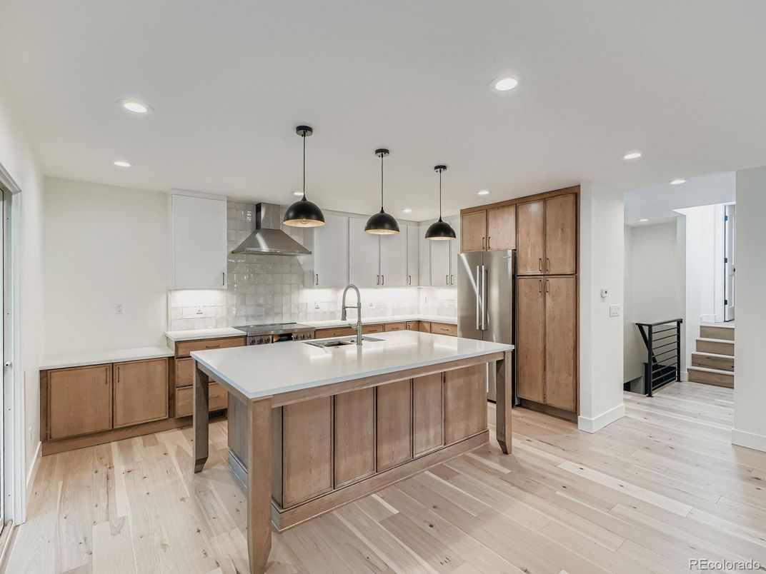 Interior, Kitchen, Pendant Lights, Recessed Lighting, Stainless Steel Appliances, Wood Texture Flooring