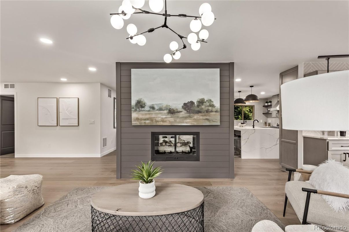Fireplace, Interior, Kitchen, Pendant Lights, Recessed Lighting, Wood Texture Flooring