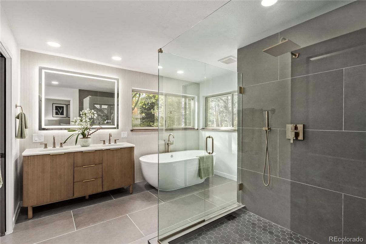 Bathroom, Dual Sink Vanities, Free Standing Baths, Glass Shower, Interior, Recessed Lighting