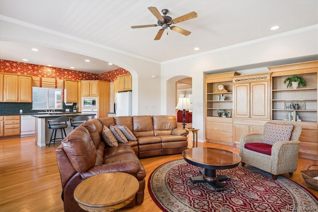 Interior, Kitchen, Living room, Recessed Lighting, Stainless Steel Appliances, Wood Texture Flooring