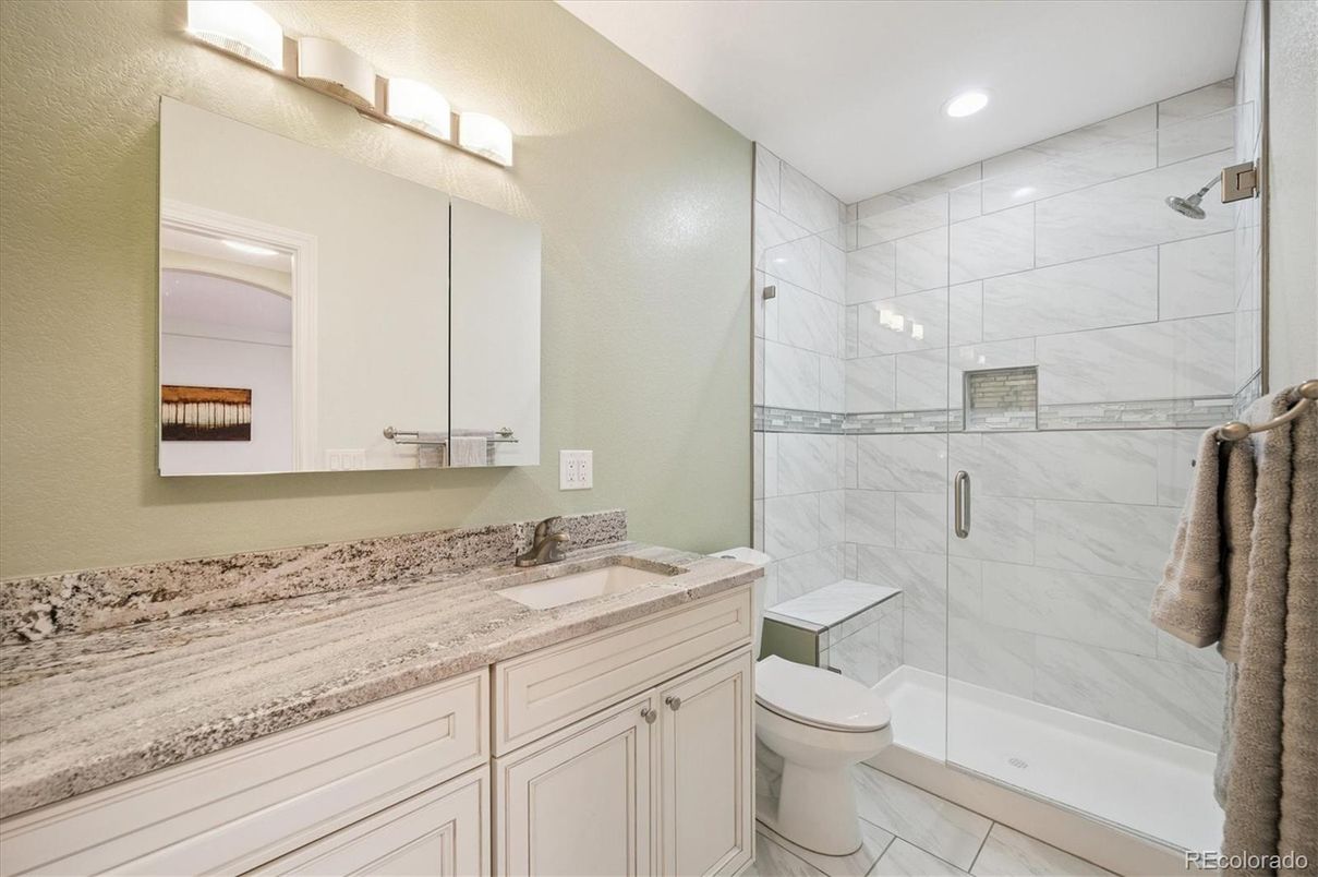 Bathroom, Glass Shower, Interior, Marble Walls, Recessed Lighting