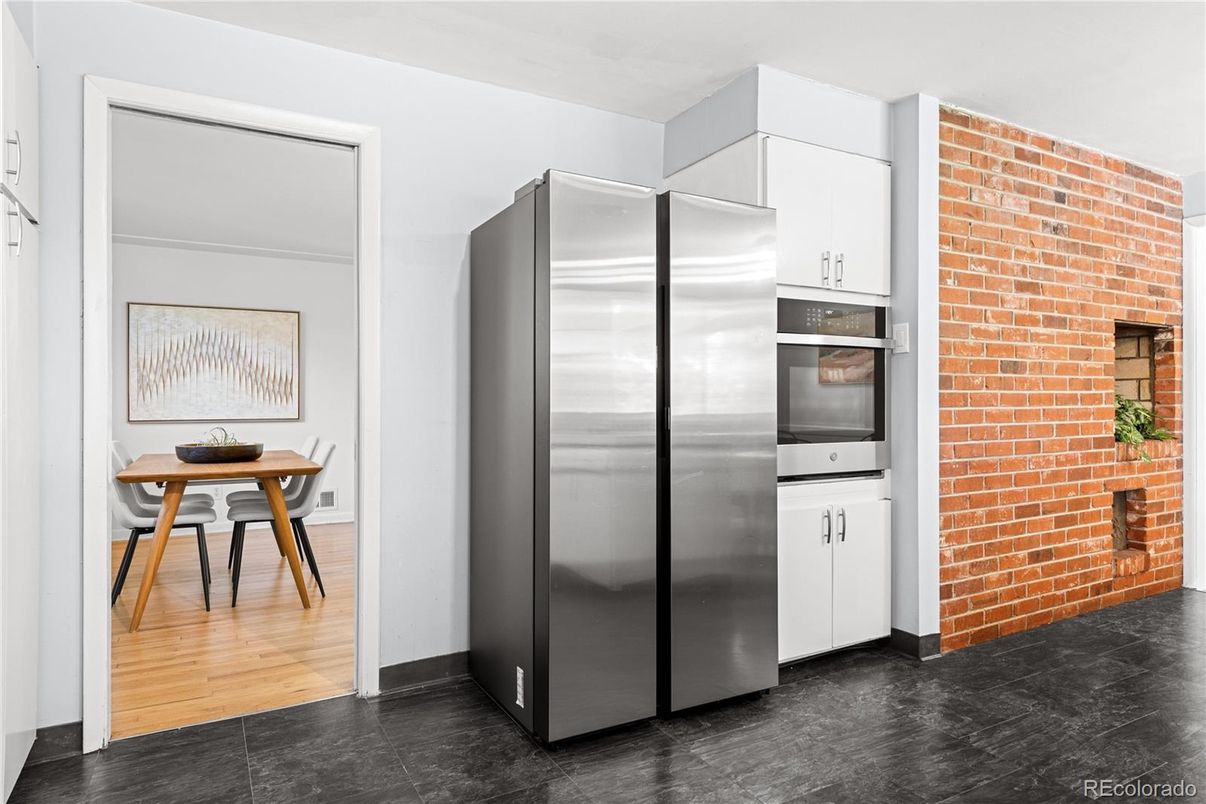 Interior, Kitchen, Stainless Steel Appliances, Stone Walls, Wood Texture Flooring
