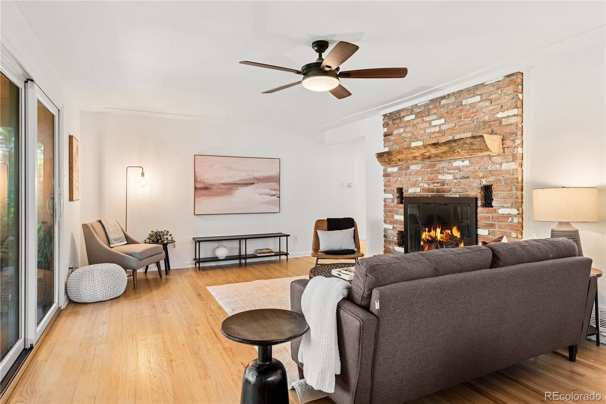 Fireplace, Interior, Living room, Stone Walls, Wood Texture Flooring