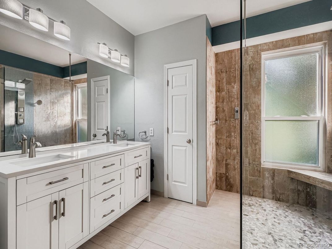 Bathroom, Dual Sink Vanities, Glass Shower, Interior, Wood Texture Flooring