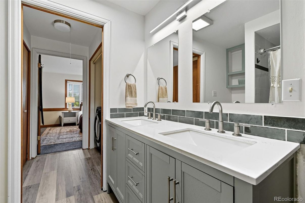 Bathroom, Dual Sink Vanities, Interior, Pendant Lights, Wood Texture Flooring