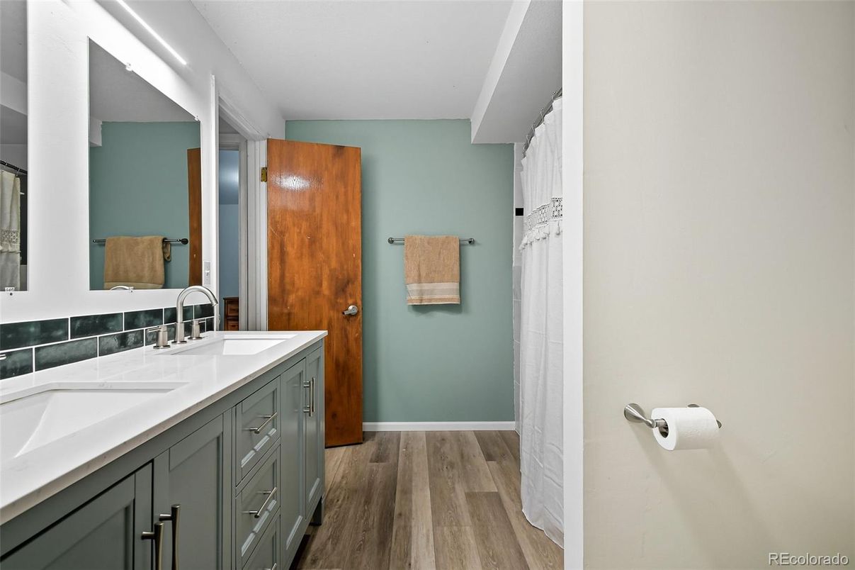 Bathroom, Dual Sink Vanities, Interior, Wood Texture Flooring