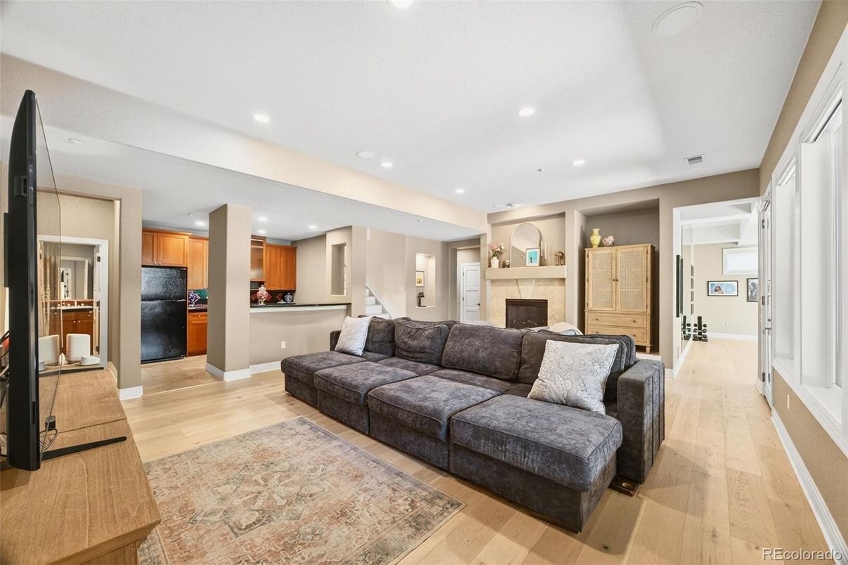 Fireplace, Interior, Kitchen, Living room, Recessed Lighting, Wood Texture Flooring