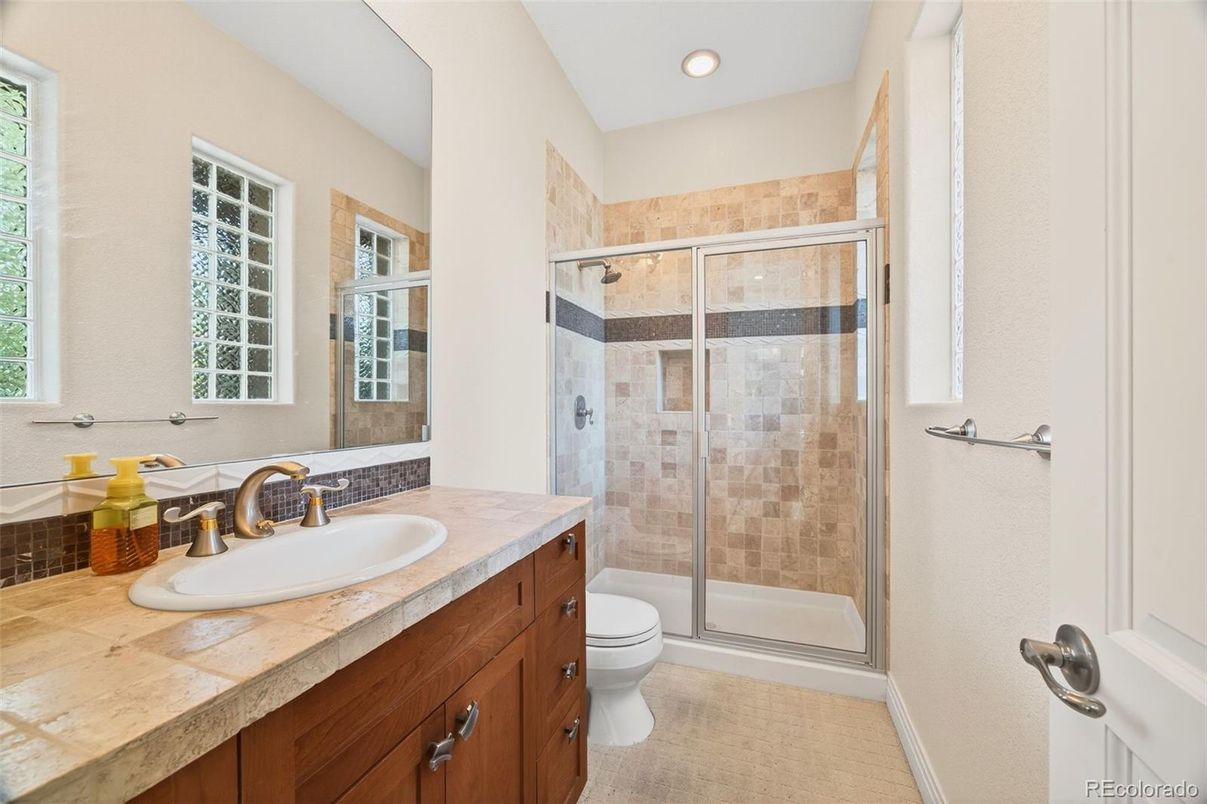 Bathroom, Glass Shower, Interior, Recessed Lighting, Tile Countertops