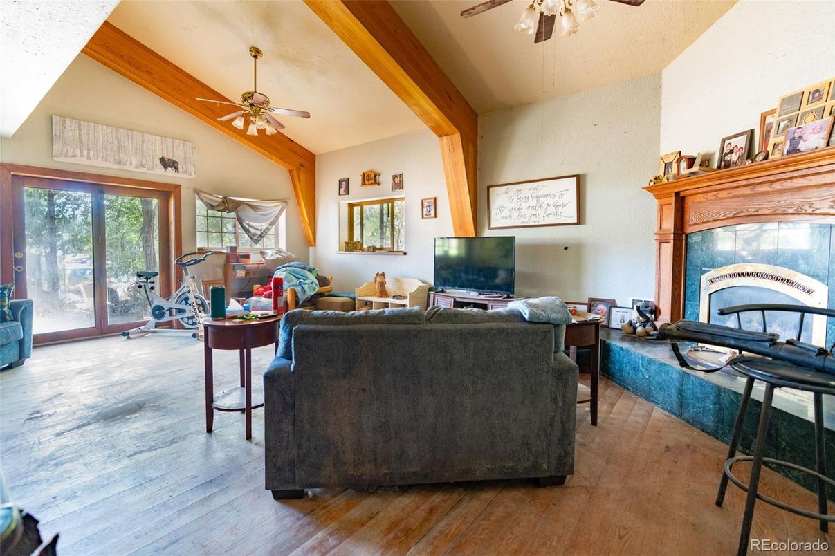 Fireplace, Interior, Living room, Wooden Beams, Wood Texture Flooring