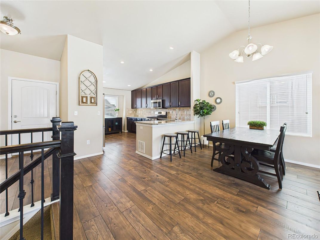 Chandelier, Dining room, Interior, Kitchen, Recessed Lighting, Wood Texture Flooring