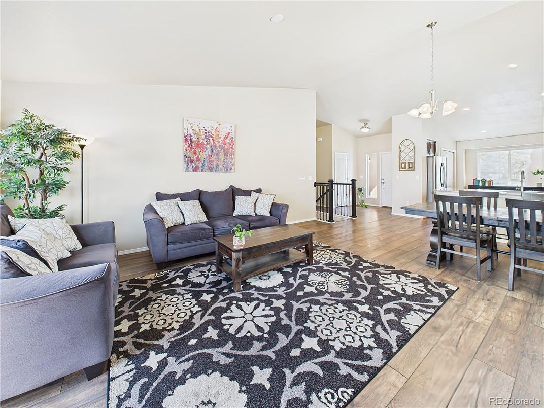 Dining room, Interior, Living room, Pendant Lights, Recessed Lighting, Wood Texture Flooring