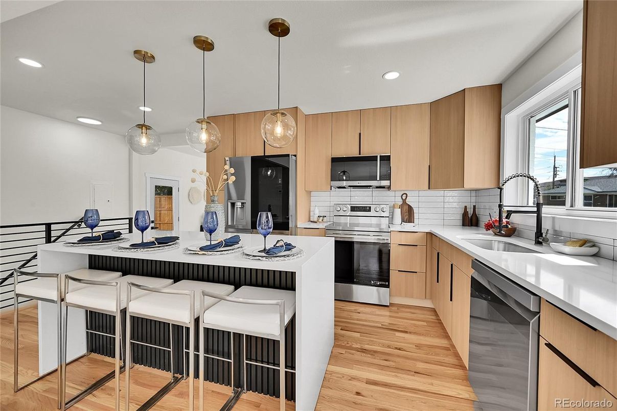 Interior, Kitchen, Pendant Lights, Recessed Lighting, Stainless Steel Appliances, Wood Texture Flooring