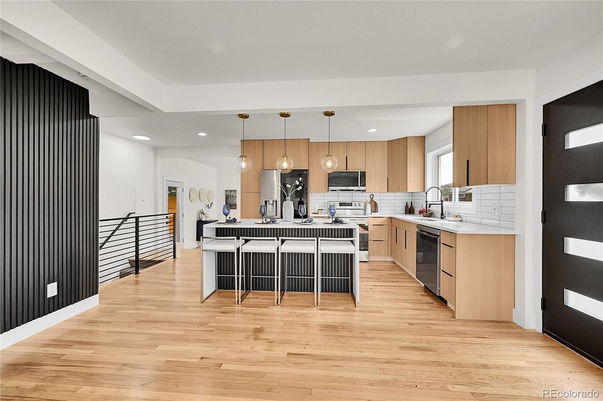 Interior, Kitchen, Pendant Lights, Recessed Lighting, Stainless Steel Appliances, Wood Texture Flooring