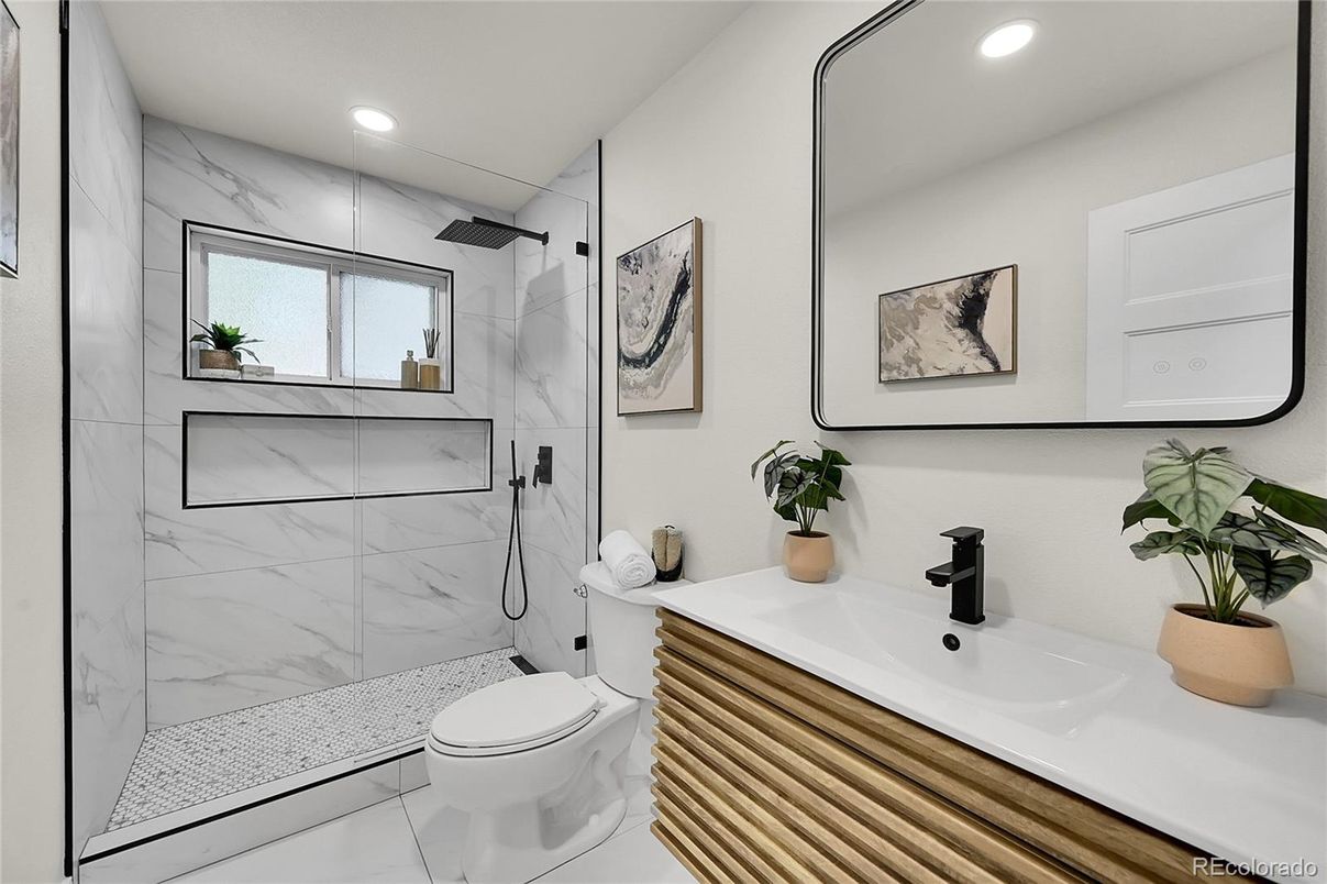 Bathroom, Glass Shower, Interior, Marble Walls, Recessed Lighting