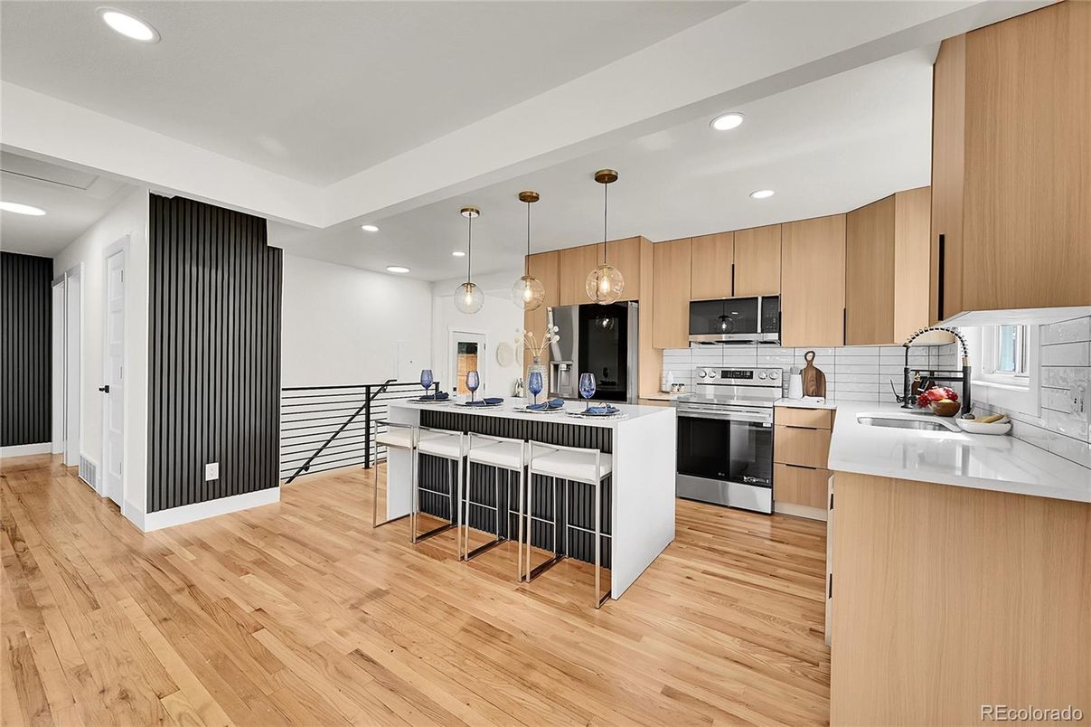 Interior, Kitchen, Pendant Lights, Recessed Lighting, Stainless Steel Appliances, Wood Texture Flooring
