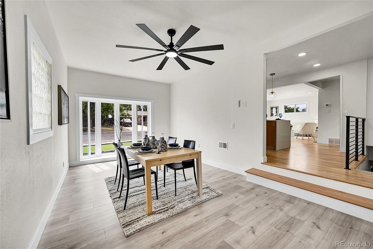 Dining room, Interior, Pendant Lights, Recessed Lighting, Wood Texture Flooring
