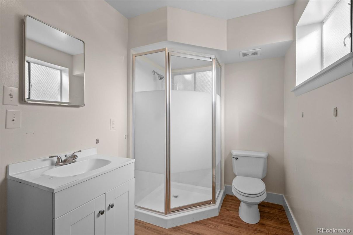 Bathroom, Glass Shower, Interior, Wood Texture Flooring