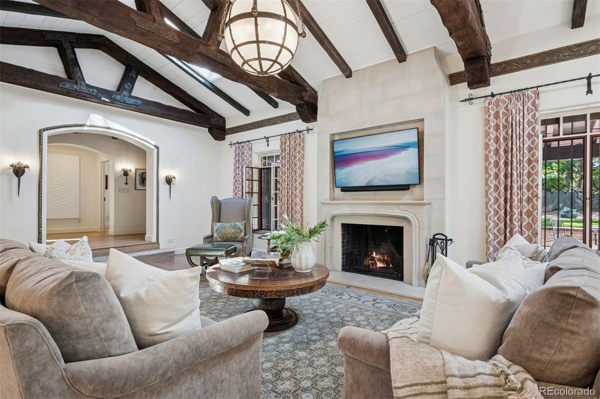 Fireplace, Interior, Living room, Wooden Beams, Wood Texture Flooring