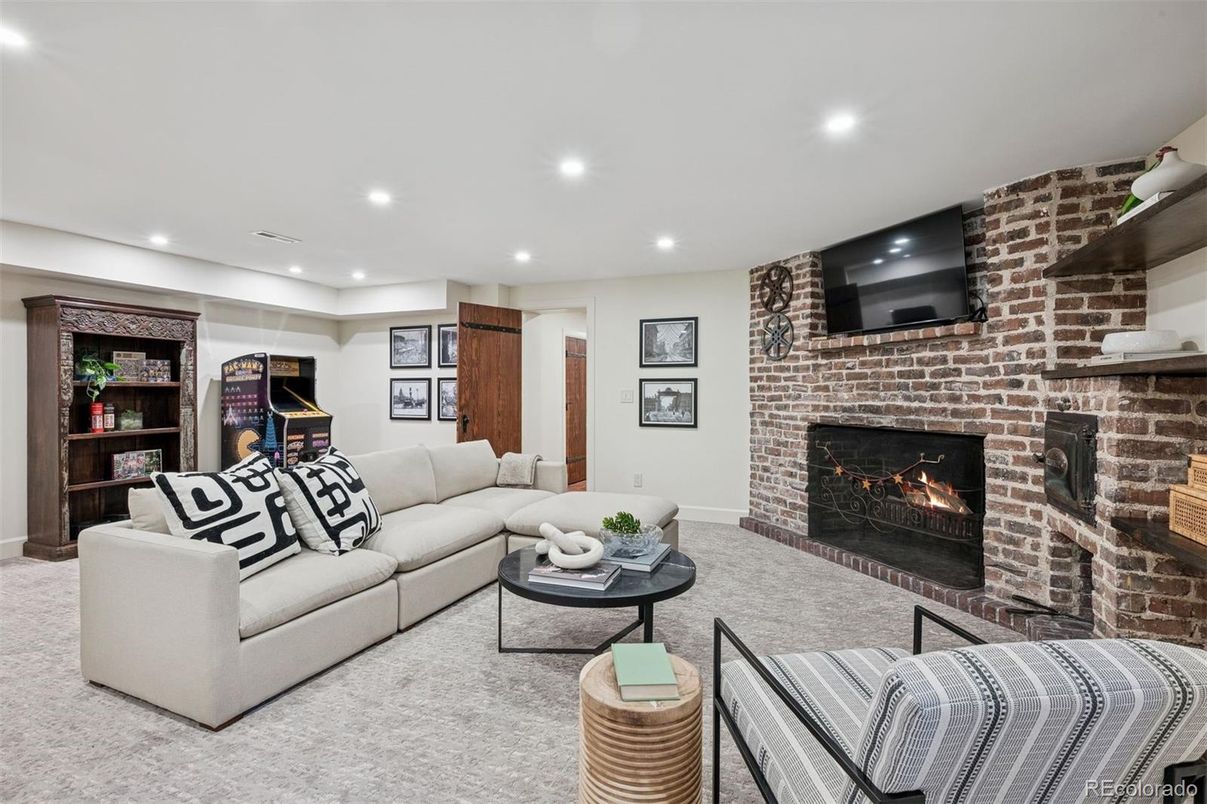 Fireplace, Interior, Living room, Recessed Lighting, Stone Walls