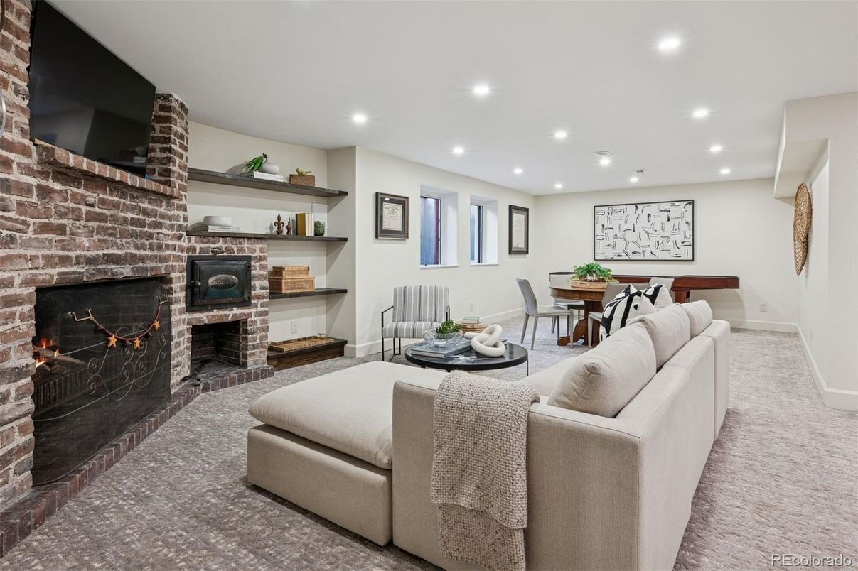Dining room, Fireplace, Interior, Living room, Recessed Lighting, Stone Walls