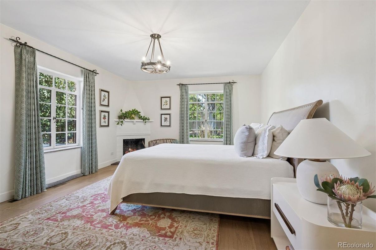 Bedroom, Fireplace, Interior, Pendant Lights, Wood Texture Flooring