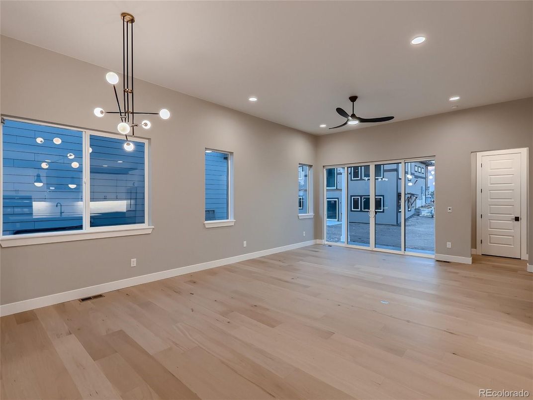 Empty room, Interior, Pendant Lights, Recessed Lighting, Wood Texture Flooring