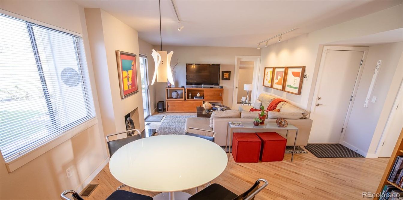 Dining room, Interior, Living room, Pendant Lights, Wood Texture Flooring