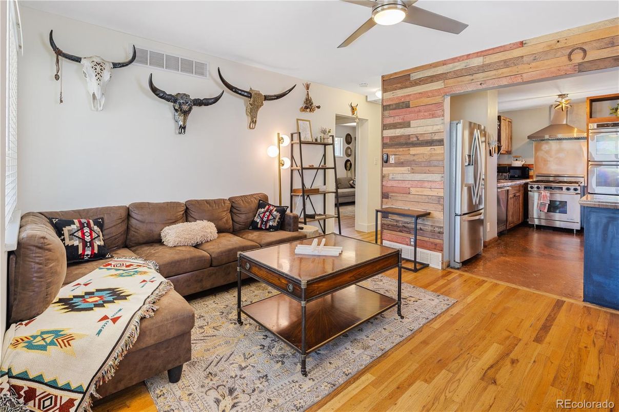 Interior, Kitchen, Living room, Stainless Steel Appliances, Wood Texture Flooring, Wooden Walls