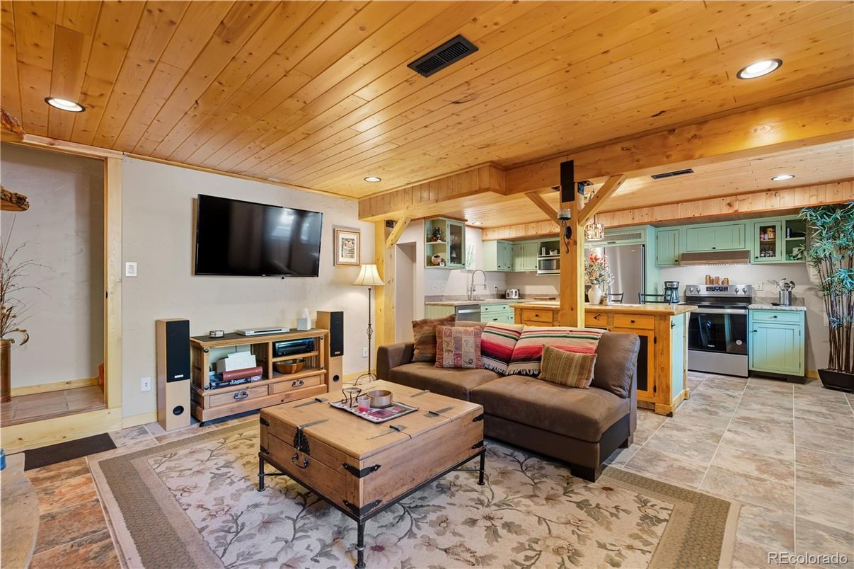 Interior, Kitchen, Living room, Recessed Lighting, Wooden Ceilings