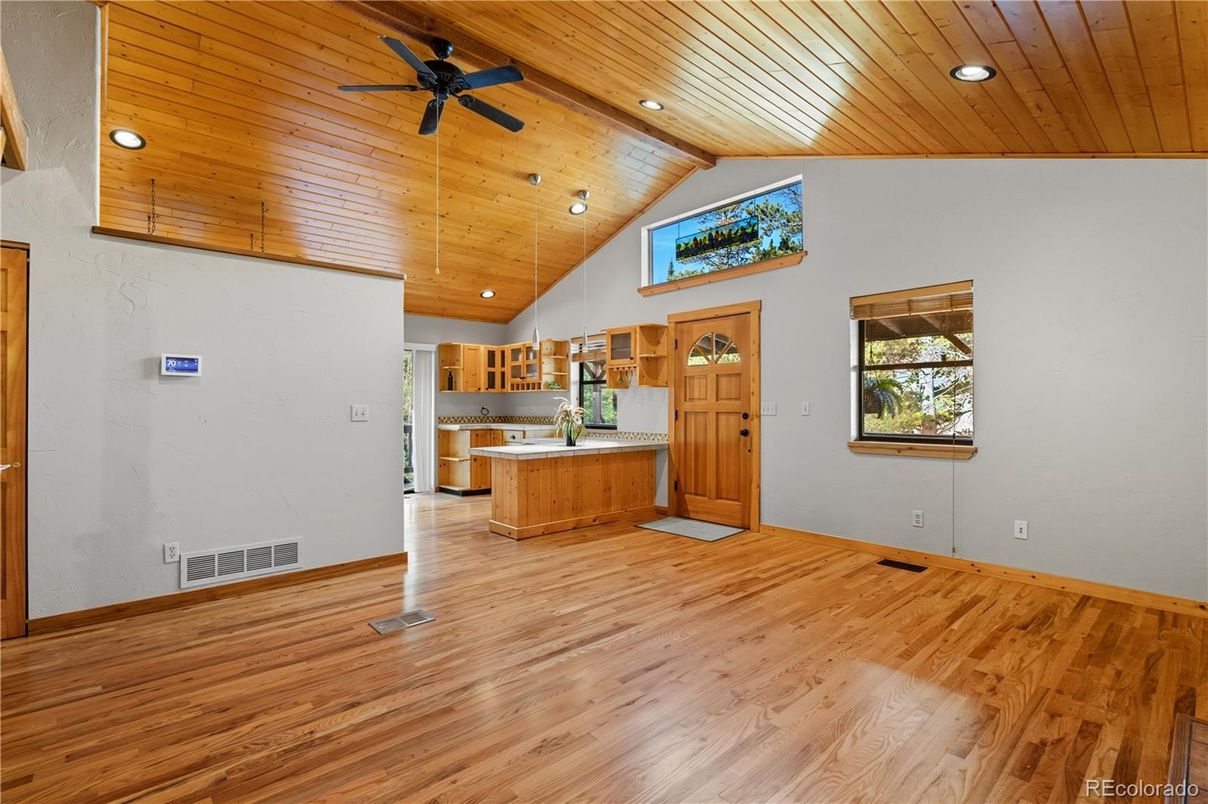 Empty room, Interior, Kitchen, Recessed Lighting, Wooden Ceilings, Wood Texture Flooring