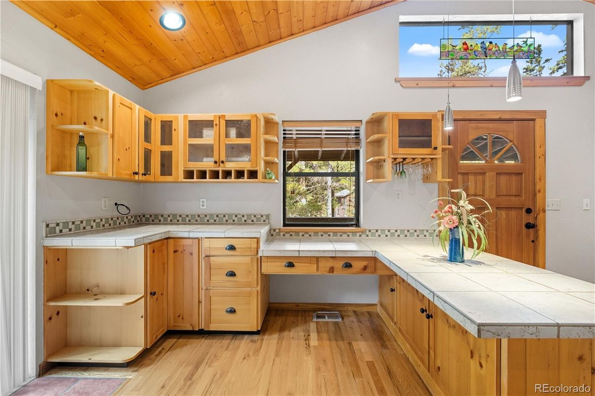 Interior, Kitchen, Recessed Lighting, Tile Countertops, Wooden Ceilings, Wood Texture Flooring