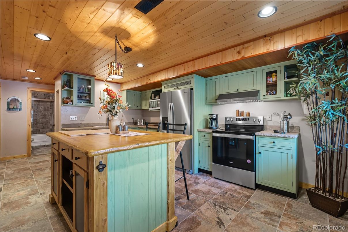 Interior, Kitchen, Pendant Lights, Recessed Lighting, Stainless Steel Appliances, Wooden Ceilings