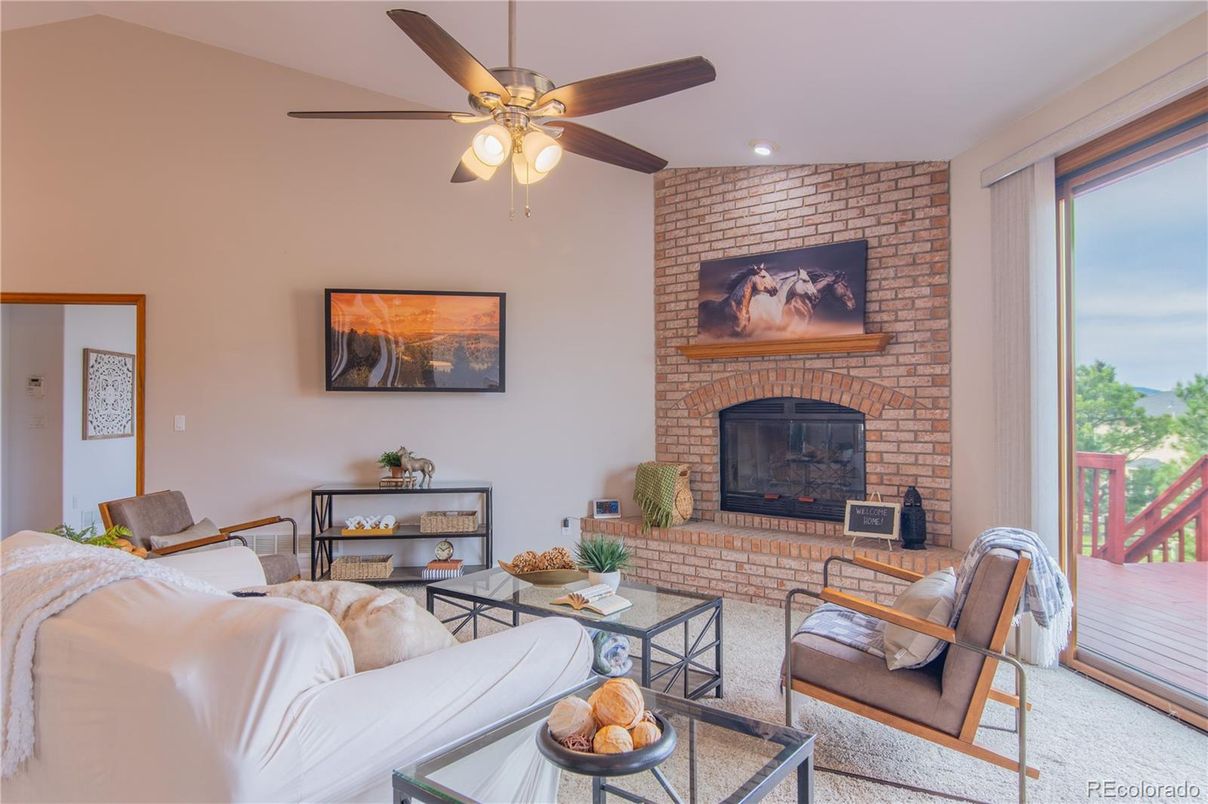 Fireplace, Interior, Living room, Recessed Lighting, Stone Walls