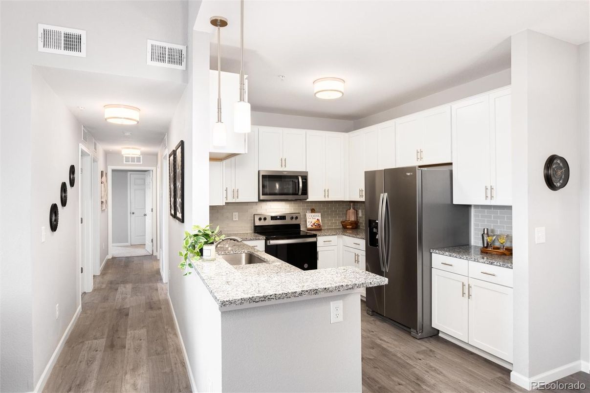 Interior, Kitchen, Pendant Lights, Stainless Steel Appliances, Wood Texture Flooring