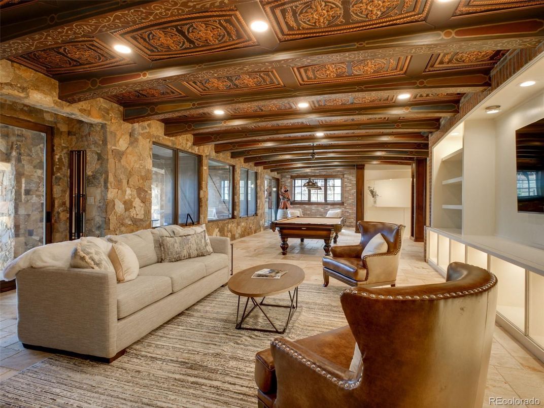 Billiard Table, Game Room, Interior, Living room, Recessed Lighting, Stone Walls, Wooden Beams