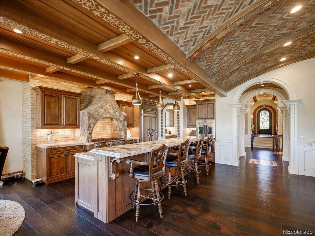 Interior, Kitchen, Pendant Lights, Recessed Lighting, Stainless Steel Appliances, Stone Walls, Wooden Beams, Wood Texture Flooring