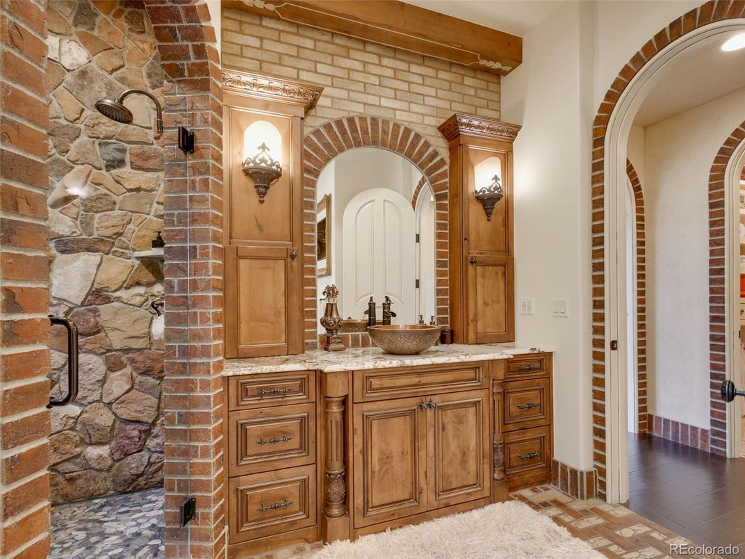 Bathroom, Interior, Stone Walls, Wood Texture Flooring