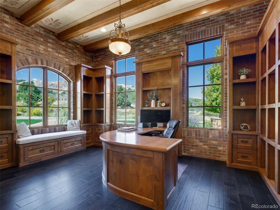 Home Office, Interior, Pendant Lights, Recessed Lighting, Stone Walls, Wooden Beams, Wood Texture Flooring