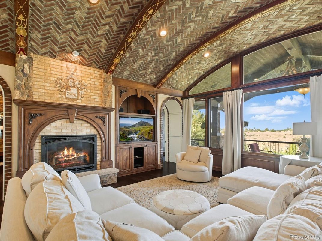 Fireplace, Interior, Living room, Recessed Lighting, Stone Walls