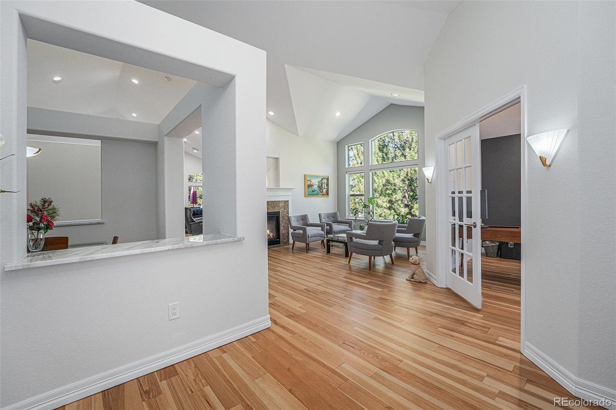 Fireplace, Interior, Living room, Recessed Lighting, Wood Texture Flooring